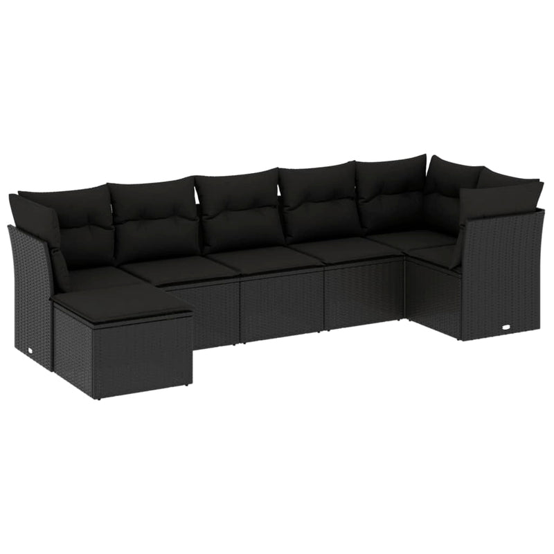 7-delige Loungeset met kussens poly rattan zwart