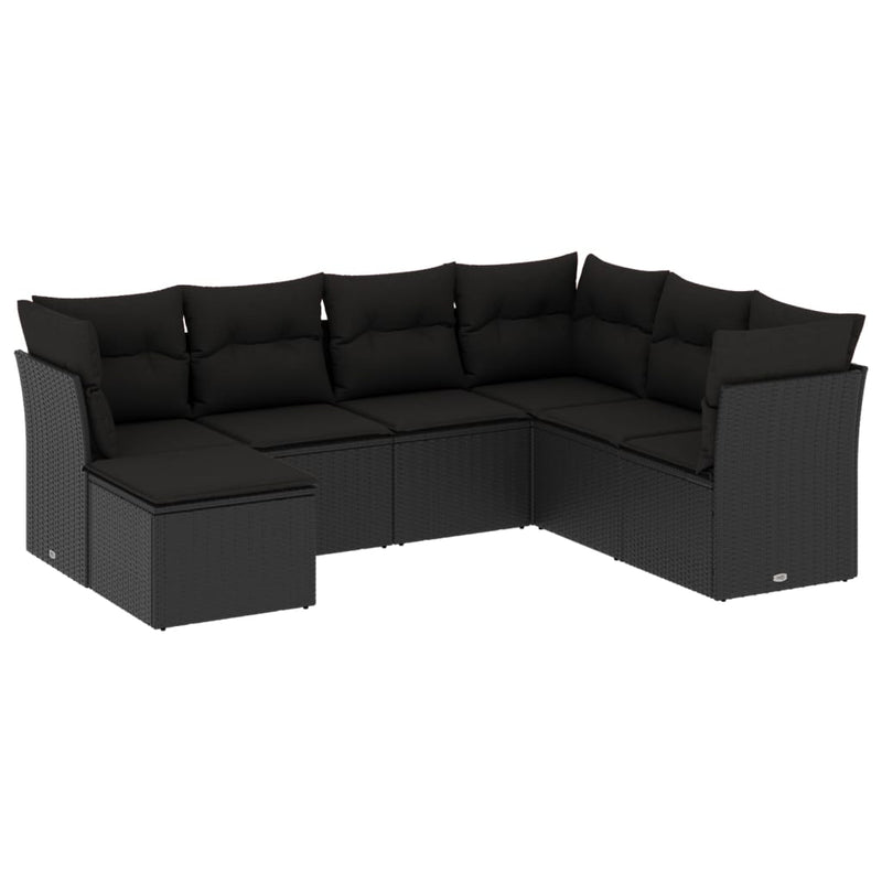 7-delige Loungeset met kussens poly rattan zwart