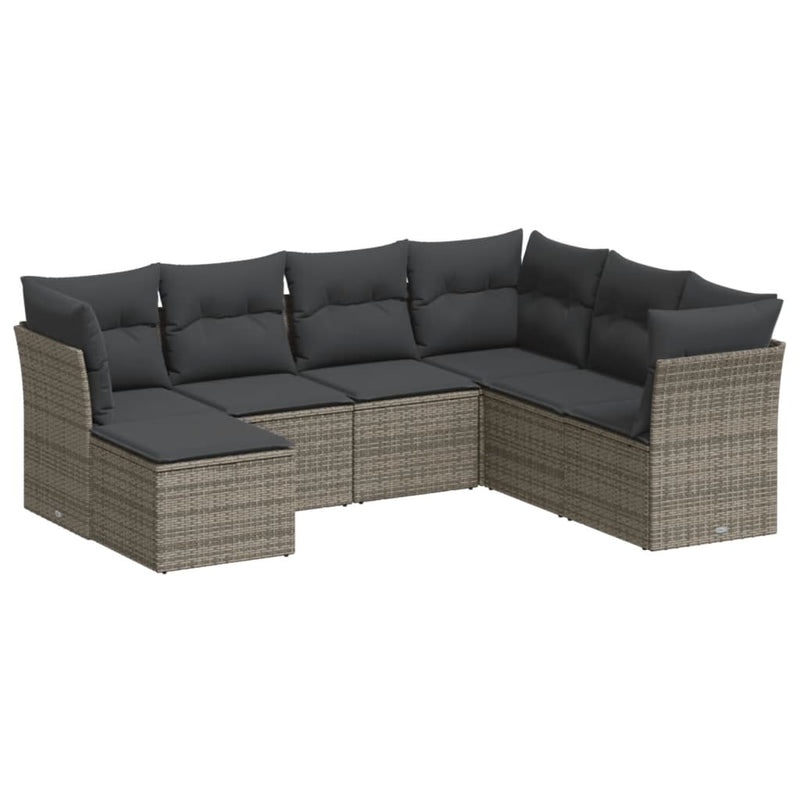 7-delige Loungeset met kussens poly rattan grijs