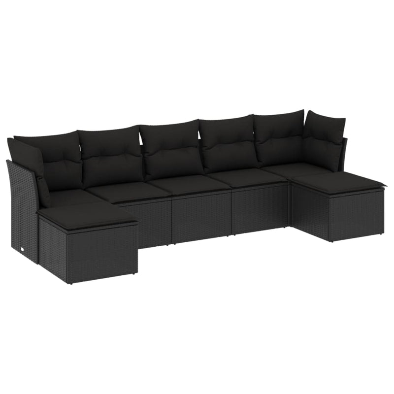 7-delige Loungeset met kussens poly rattan zwart
