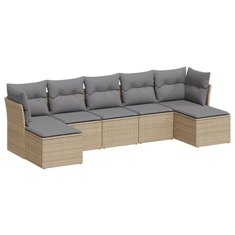 7-delige Loungeset met kussens poly rattan beige