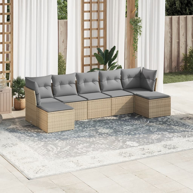 7-delige Loungeset met kussens poly rattan beige