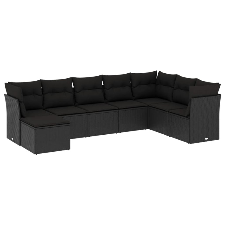 8-delige Loungeset met kussens poly rattan zwart