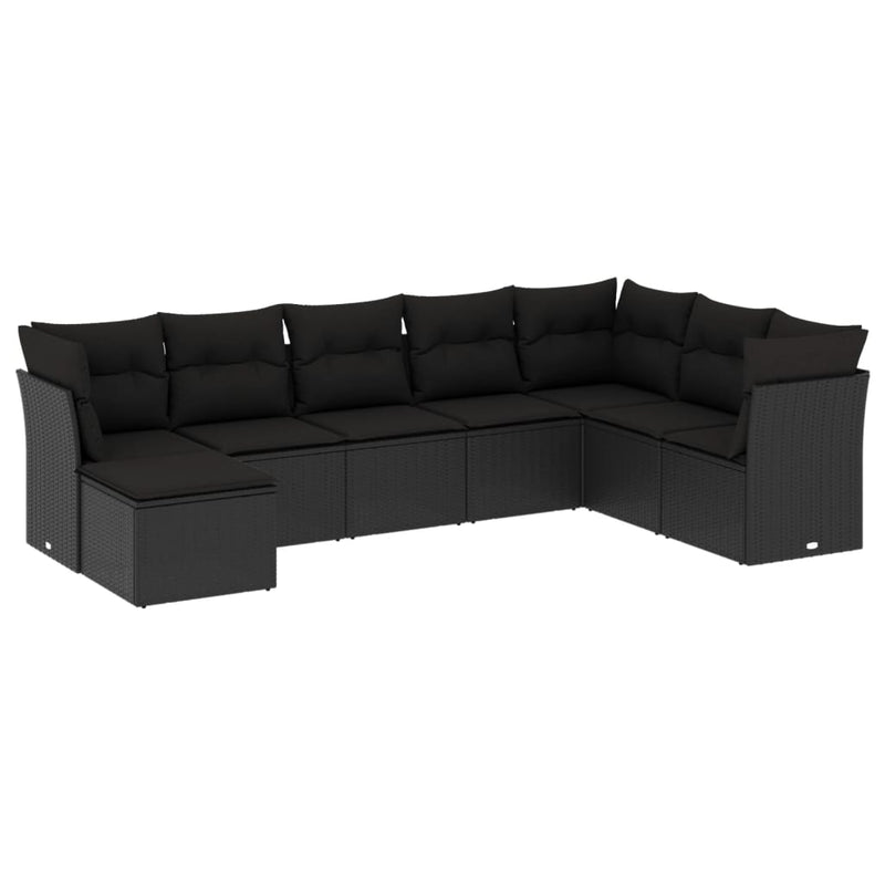 8-delige Loungeset met kussens poly rattan zwart