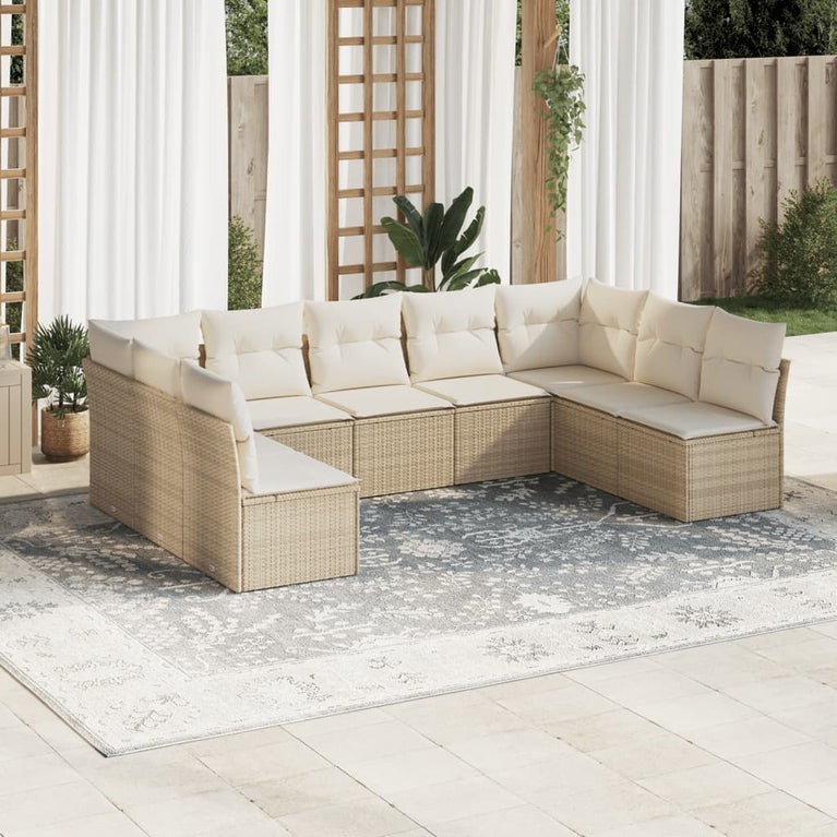 9-delige Loungeset met kussens poly rattan beige