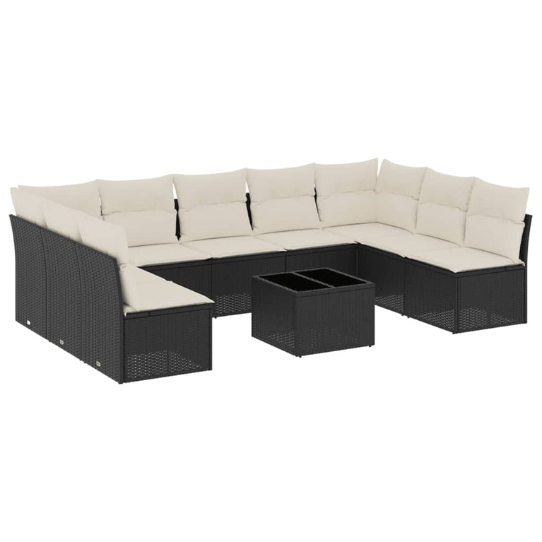 10-delige Loungeset met kussens poly rattan zwart