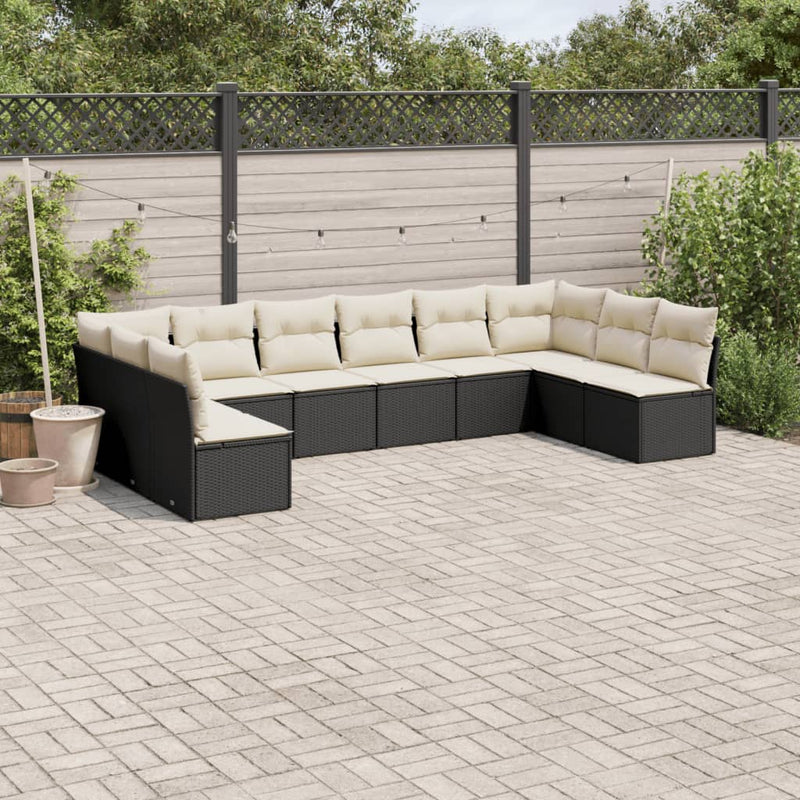 10-delige Loungeset met kussens poly rattan zwart