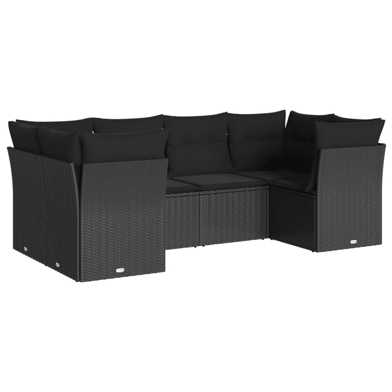 6-delige Loungeset met kussens poly rattan zwart