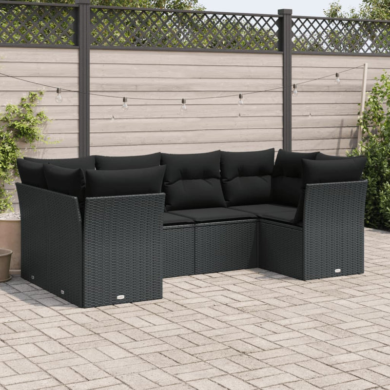 6-delige Loungeset met kussens poly rattan zwart