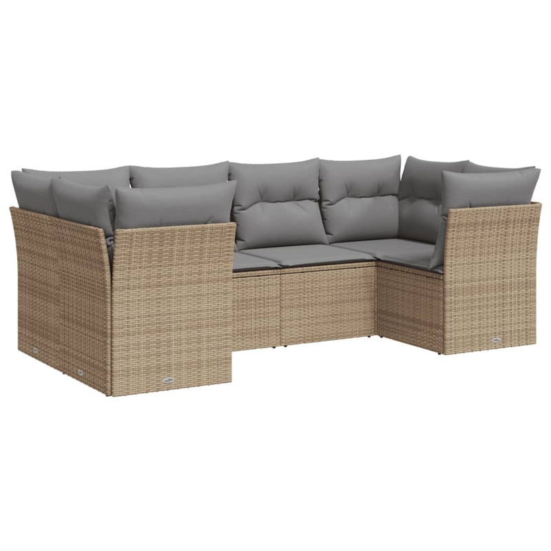 6-delige Loungeset met kussens poly rattan beige
