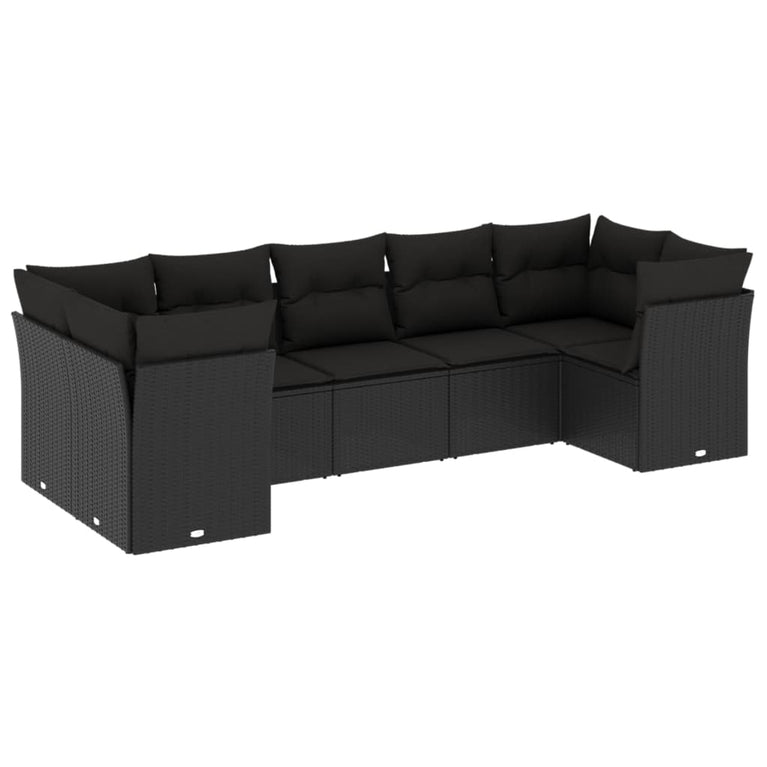 7-delige Loungeset met kussens poly rattan zwart