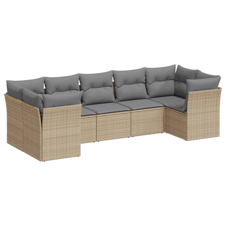 7-delige Loungeset met kussens poly rattan beige