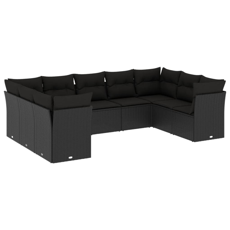 9-delige Loungeset met kussens poly rattan zwart