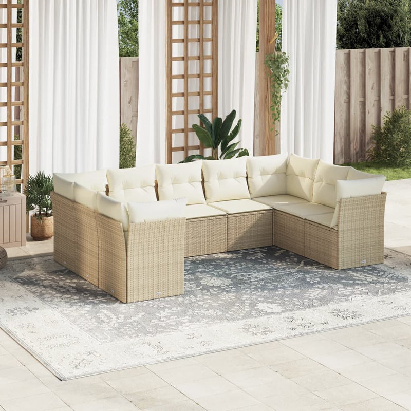 9-delige Loungeset met kussens poly rattan beige