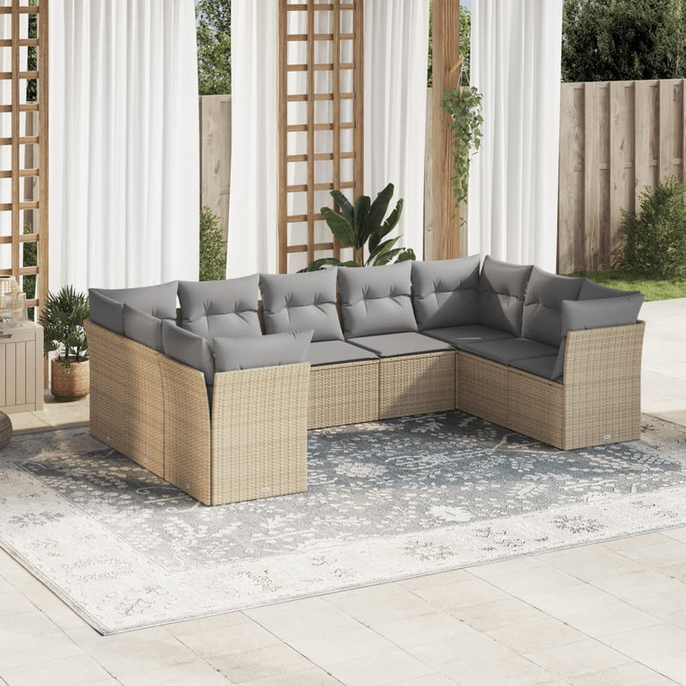 9-delige Loungeset met kussens poly rattan beige