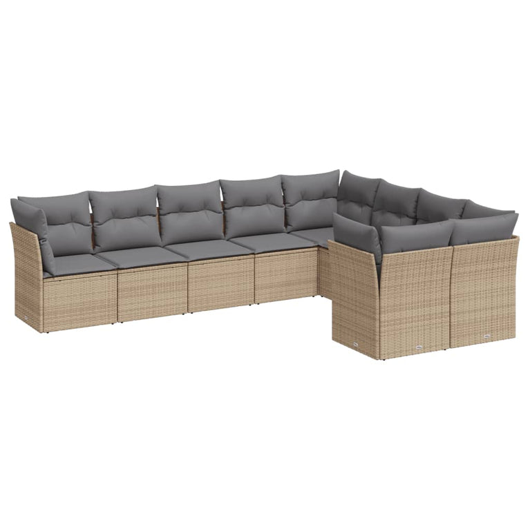 9-delige Loungeset met kussens poly rattan beige