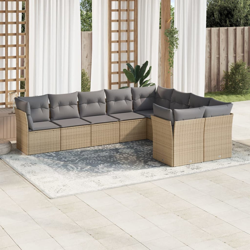 9-delige Loungeset met kussens poly rattan beige