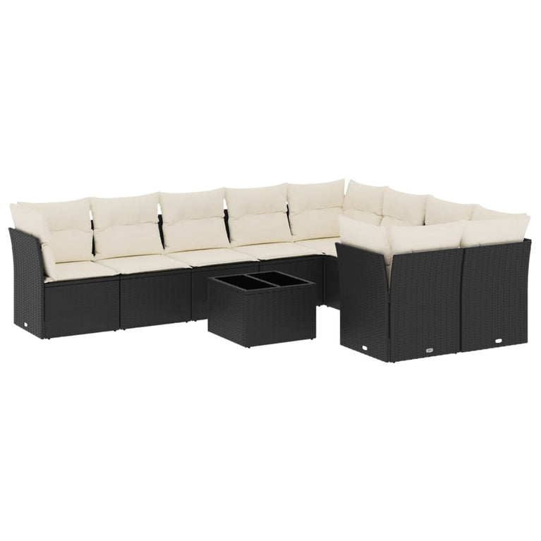 10-delige Loungeset met kussens poly rattan zwart