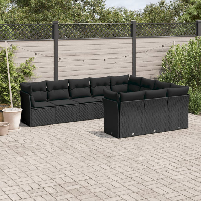 10-delige Loungeset met kussens poly rattan zwart