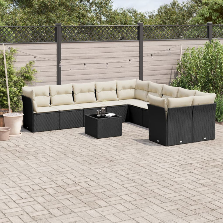 11-delige Loungeset met kussens poly rattan zwart