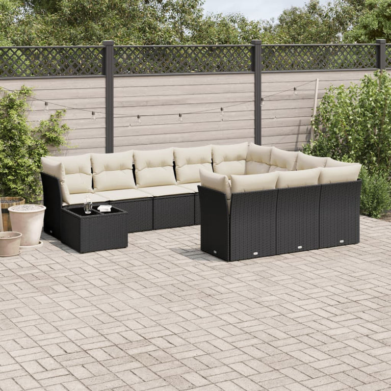 11-delige Loungeset met kussens poly rattan zwart