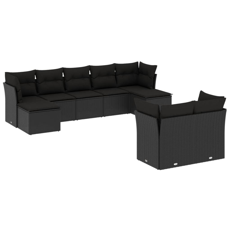 9-delige Loungeset met kussens poly rattan zwart
