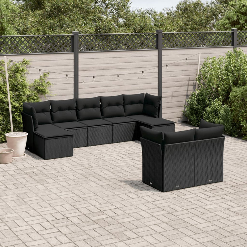 9-delige Loungeset met kussens poly rattan zwart