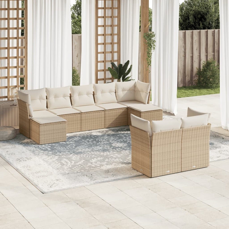 9-delige Loungeset met kussens poly rattan beige