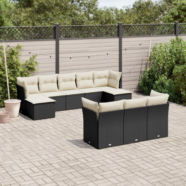 10-delige Loungeset met kussens poly rattan zwart