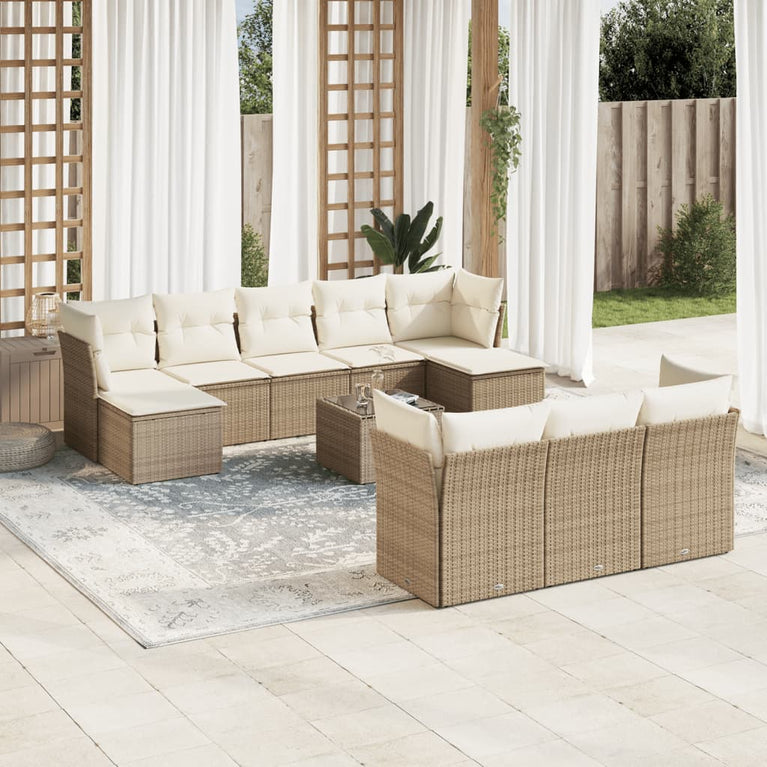 10-delige Loungeset met kussens poly rattan beige