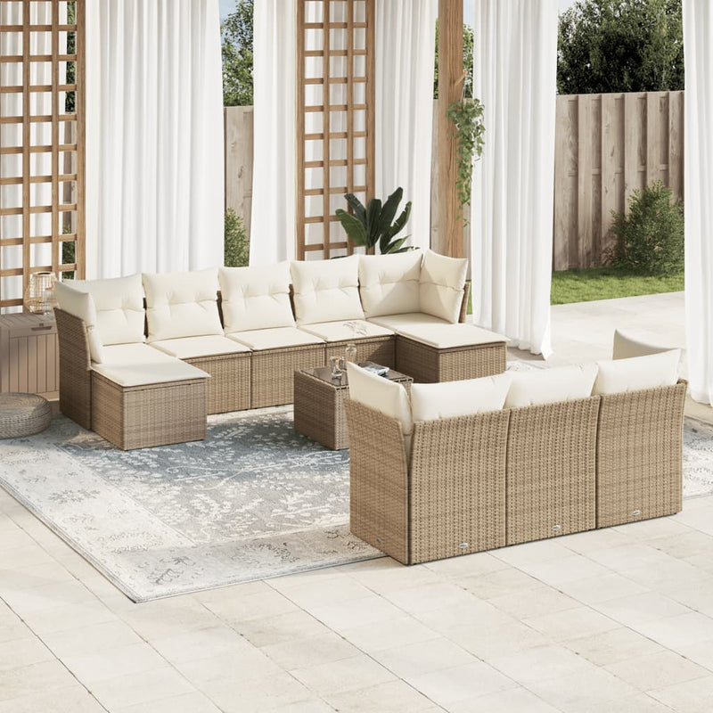 10-delige Loungeset met kussens poly rattan beige
