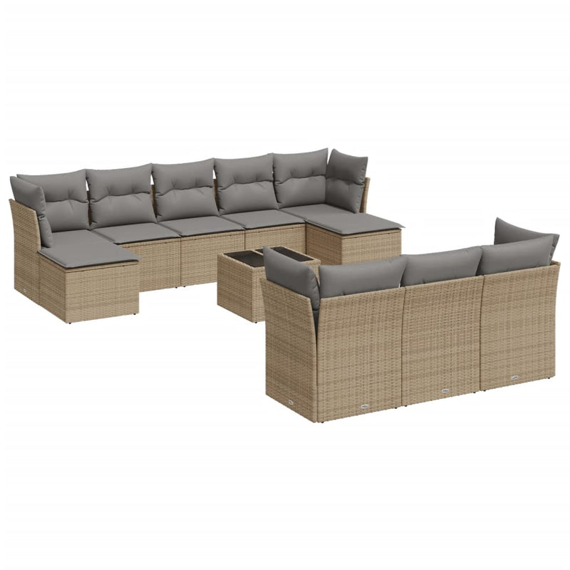 10-delige Loungeset met kussens poly rattan beige