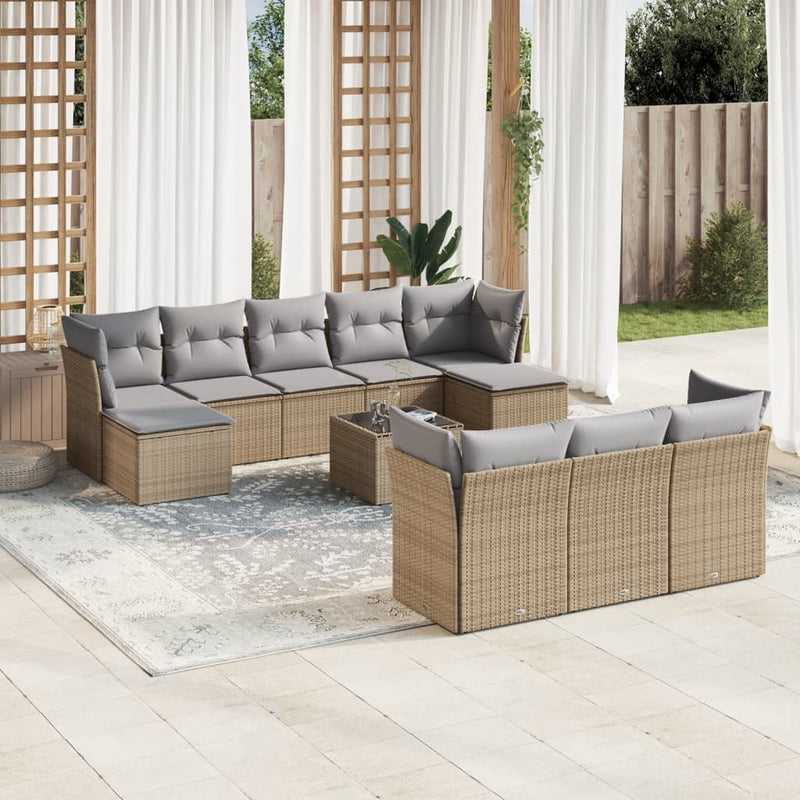 10-delige Loungeset met kussens poly rattan beige