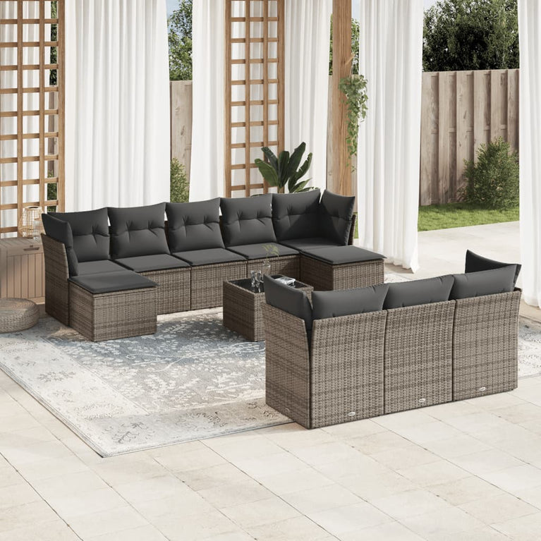 10-delige Loungeset met kussens poly rattan grijs