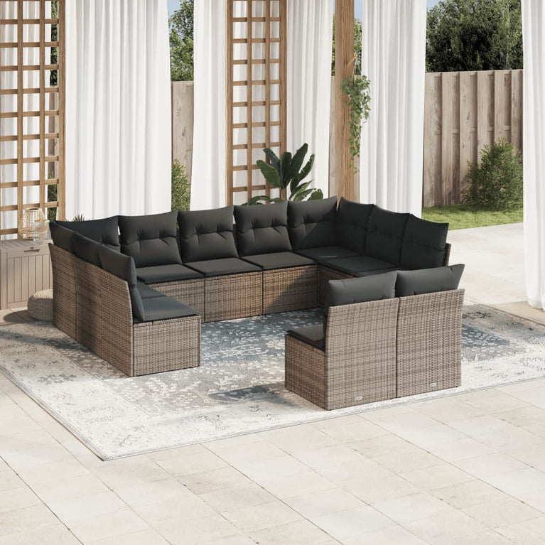 11-delige Loungeset met kussens poly rattan grijs