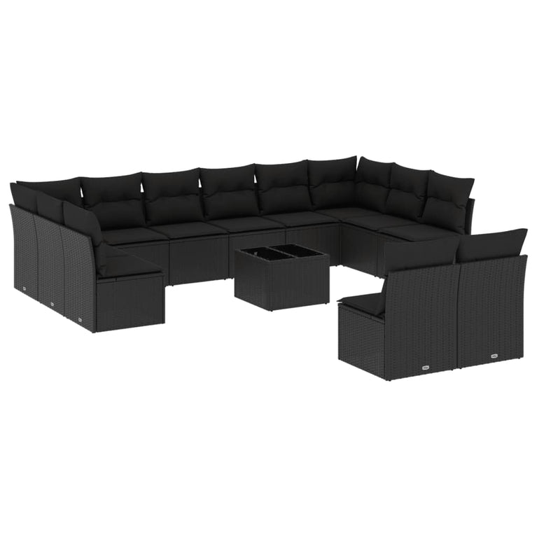 13-delige Loungeset met kussens poly rattan zwart