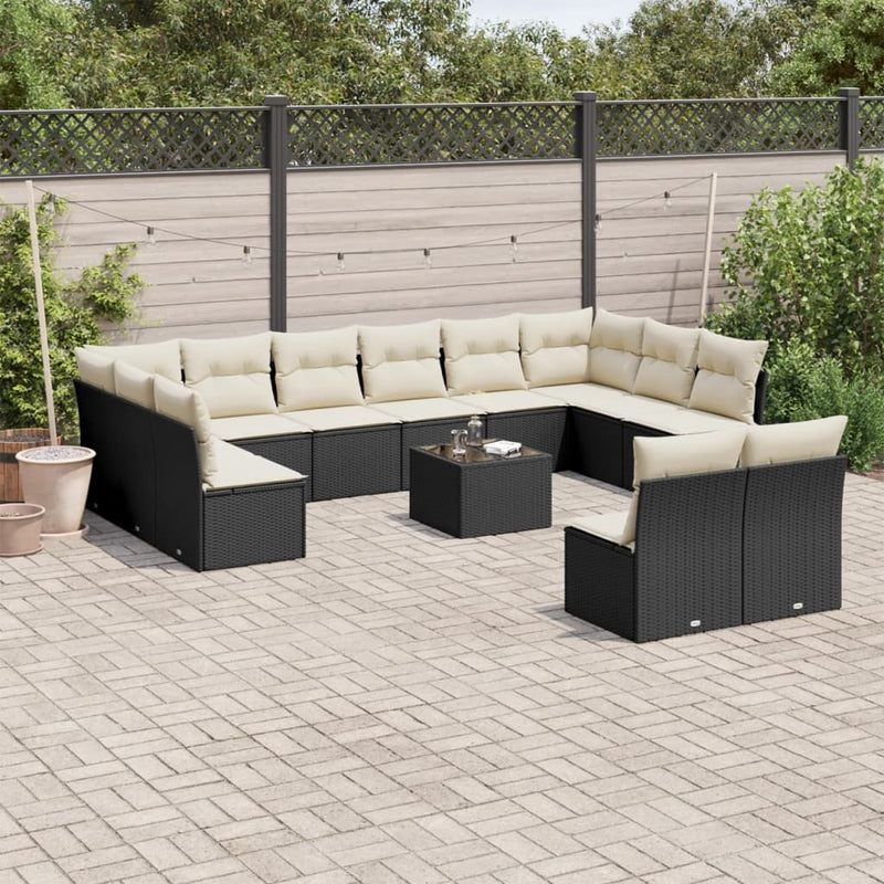 13-delige Loungeset met kussens poly rattan zwart