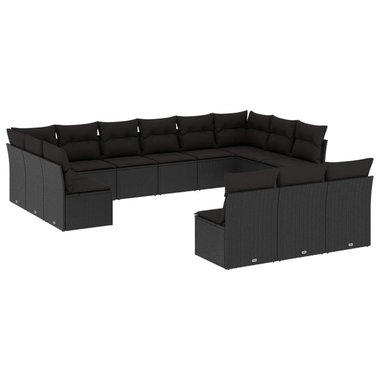 13-delige Loungeset met kussens poly rattan zwart