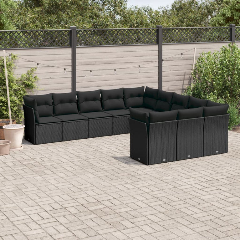 11-delige Loungeset met kussens poly rattan zwart