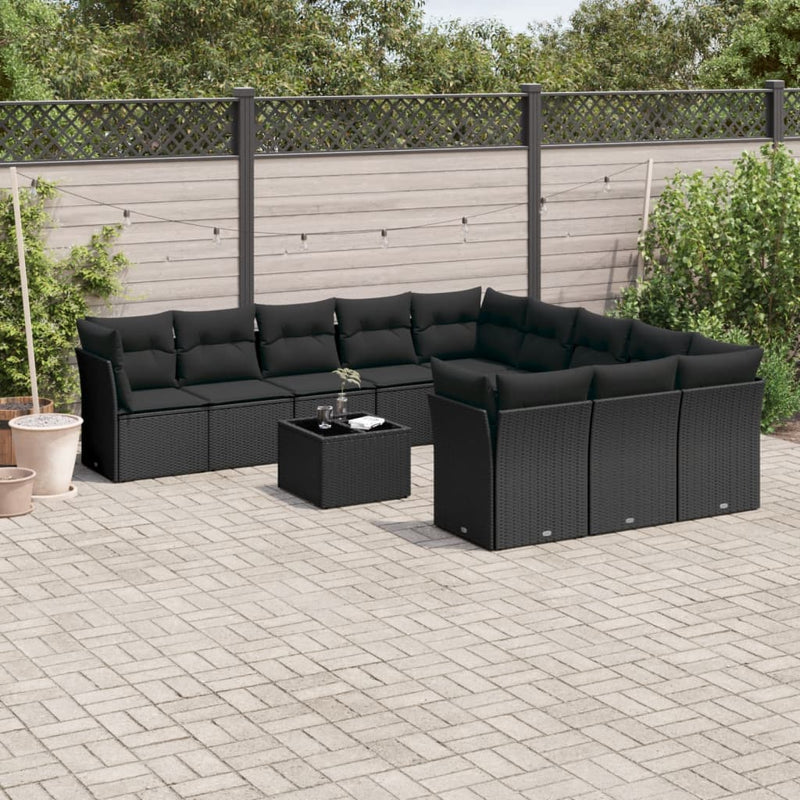12-delige Loungeset met kussens poly rattan zwart