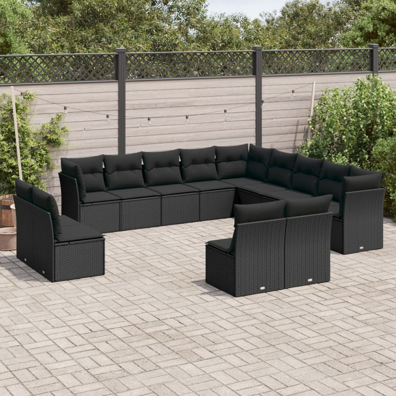 13-delige Loungeset met kussens poly rattan zwart