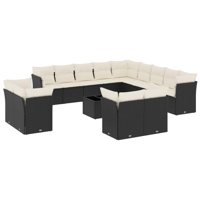 14-delige Loungeset met kussens poly rattan zwart