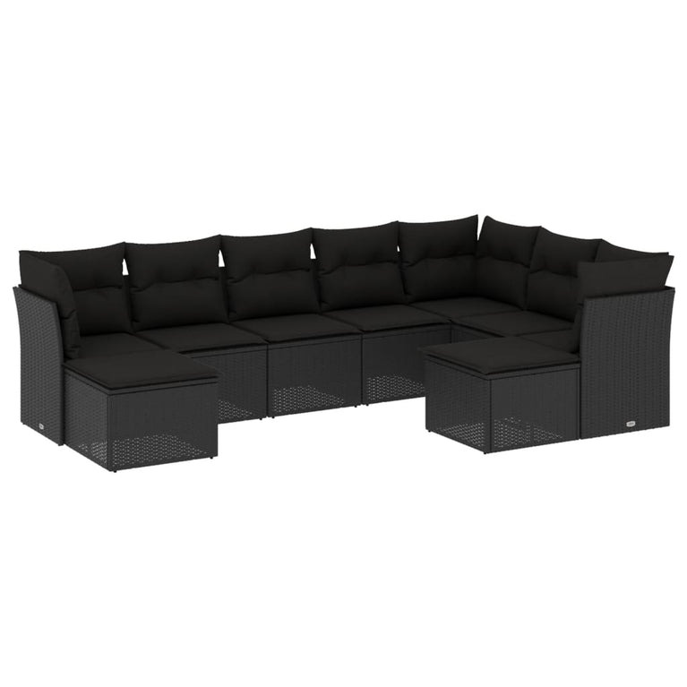 9-delige Loungeset met kussens poly rattan zwart