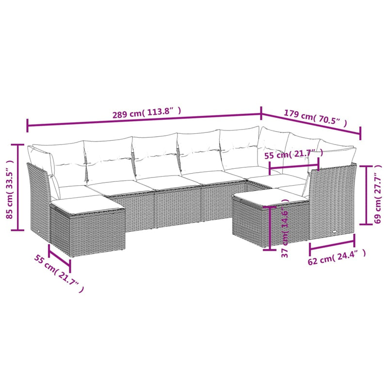 9-delige Loungeset met kussens poly rattan grijs