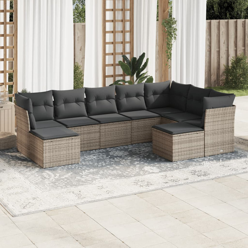 9-delige Loungeset met kussens poly rattan grijs