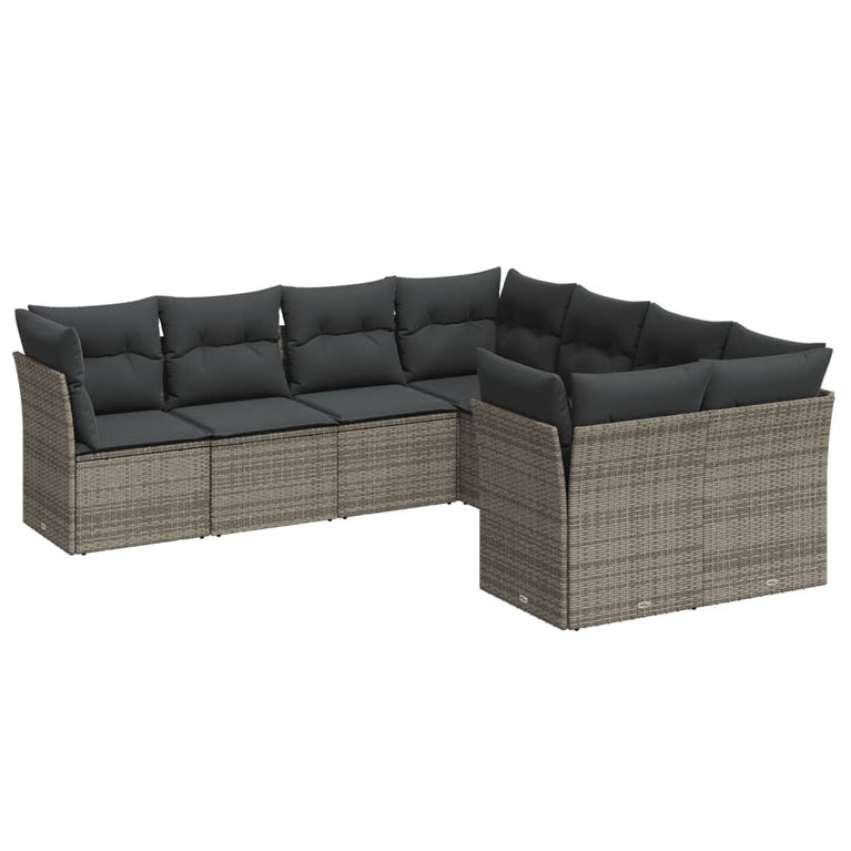 8-delige Loungeset met kussens poly rattan grijs