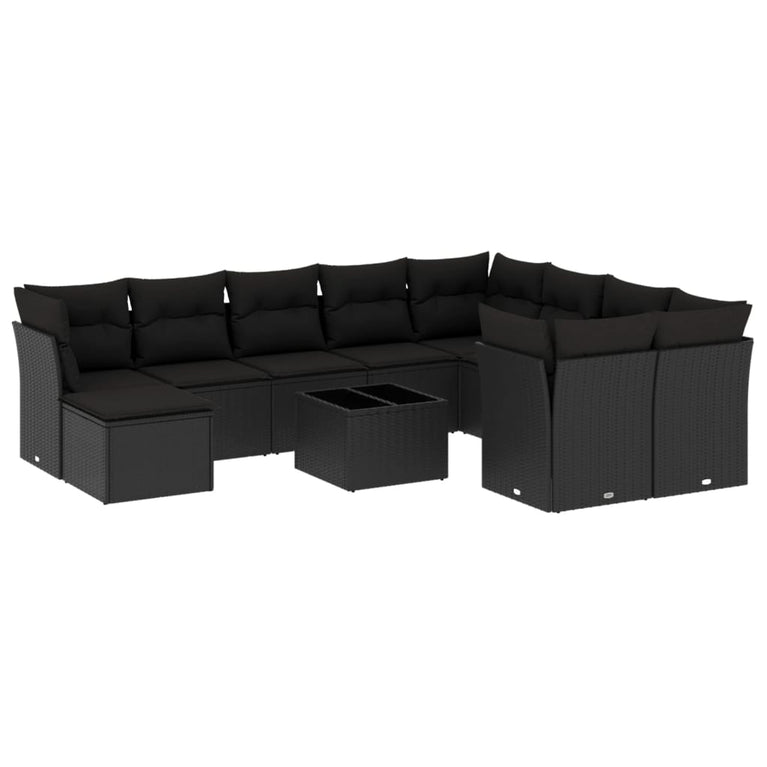 11-delige Loungeset met kussens poly rattan zwart