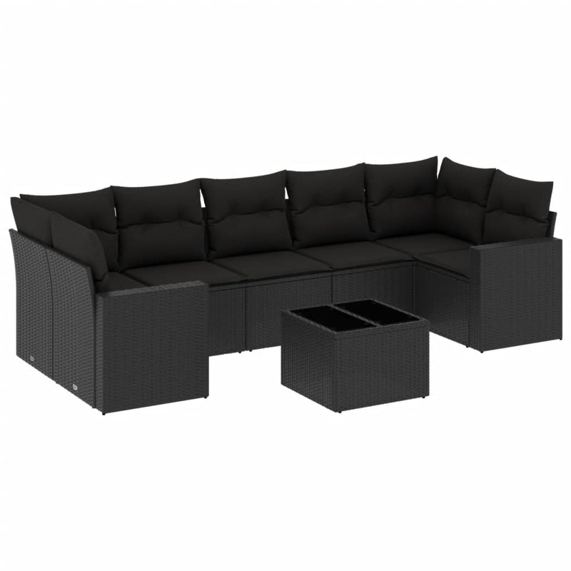 8-delige Loungeset met kussens poly rattan zwart