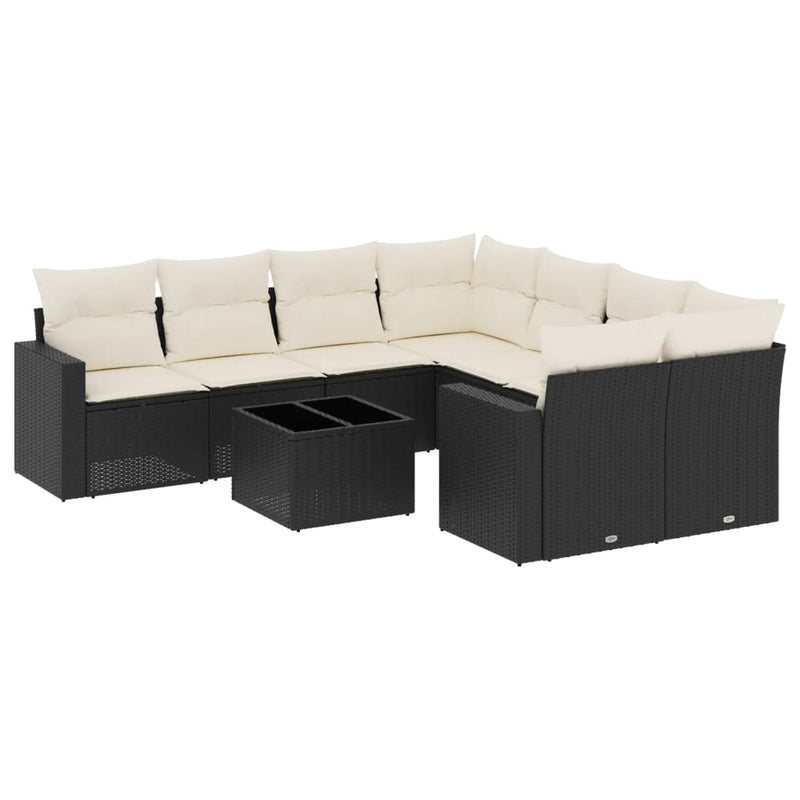 9-delige Loungeset met kussens poly rattan zwart