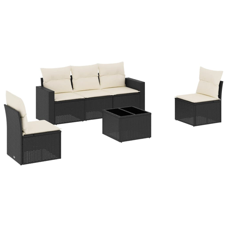 6-delige Loungeset met kussens poly rattan zwart